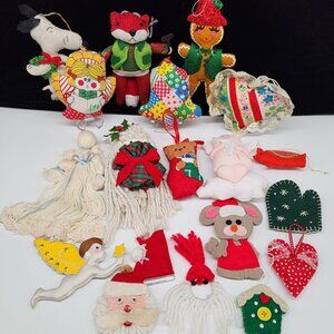Vintage Handmade Christmas Ornaments Fabric Felt Sequin Yarn Angels Figures